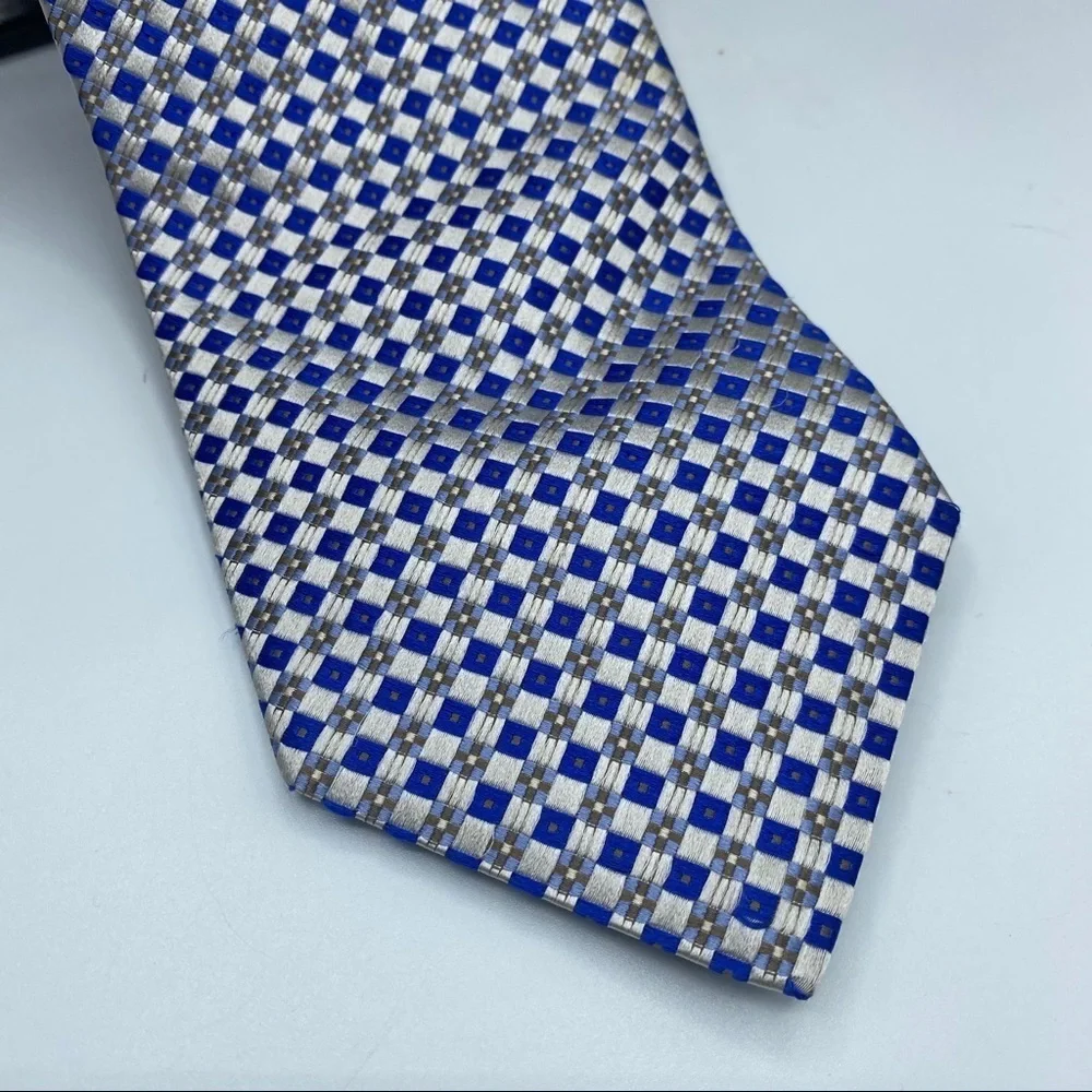 Ike Behar White Blue Gold‎ Square Design Silk Tie